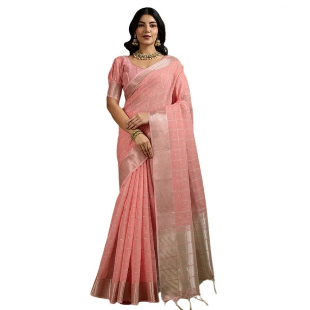 Peach Tissue Checks Saree