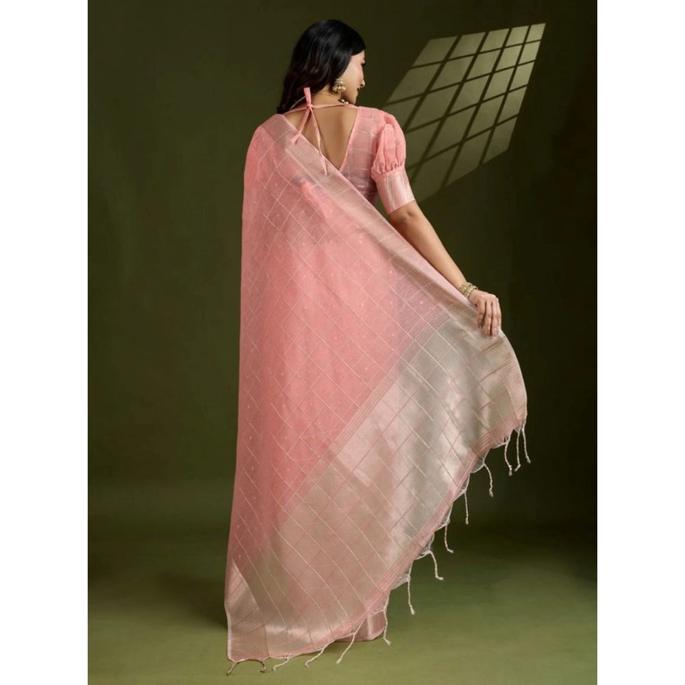 Peach Tissue Checks Saree
