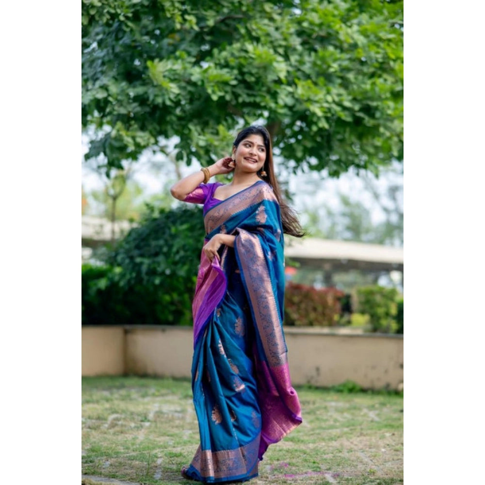 Blue Katan Silk Zari Weaving Saree