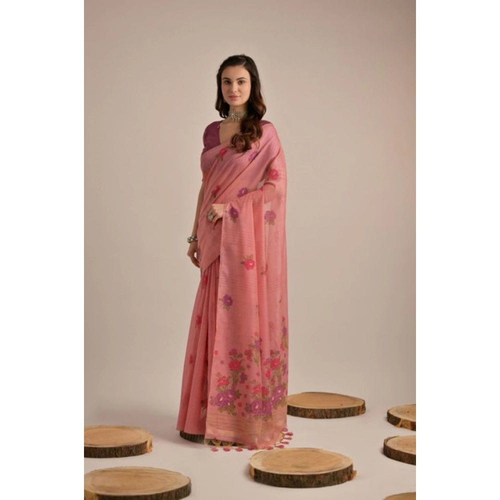 Blush Pink Floral Cotton Saree