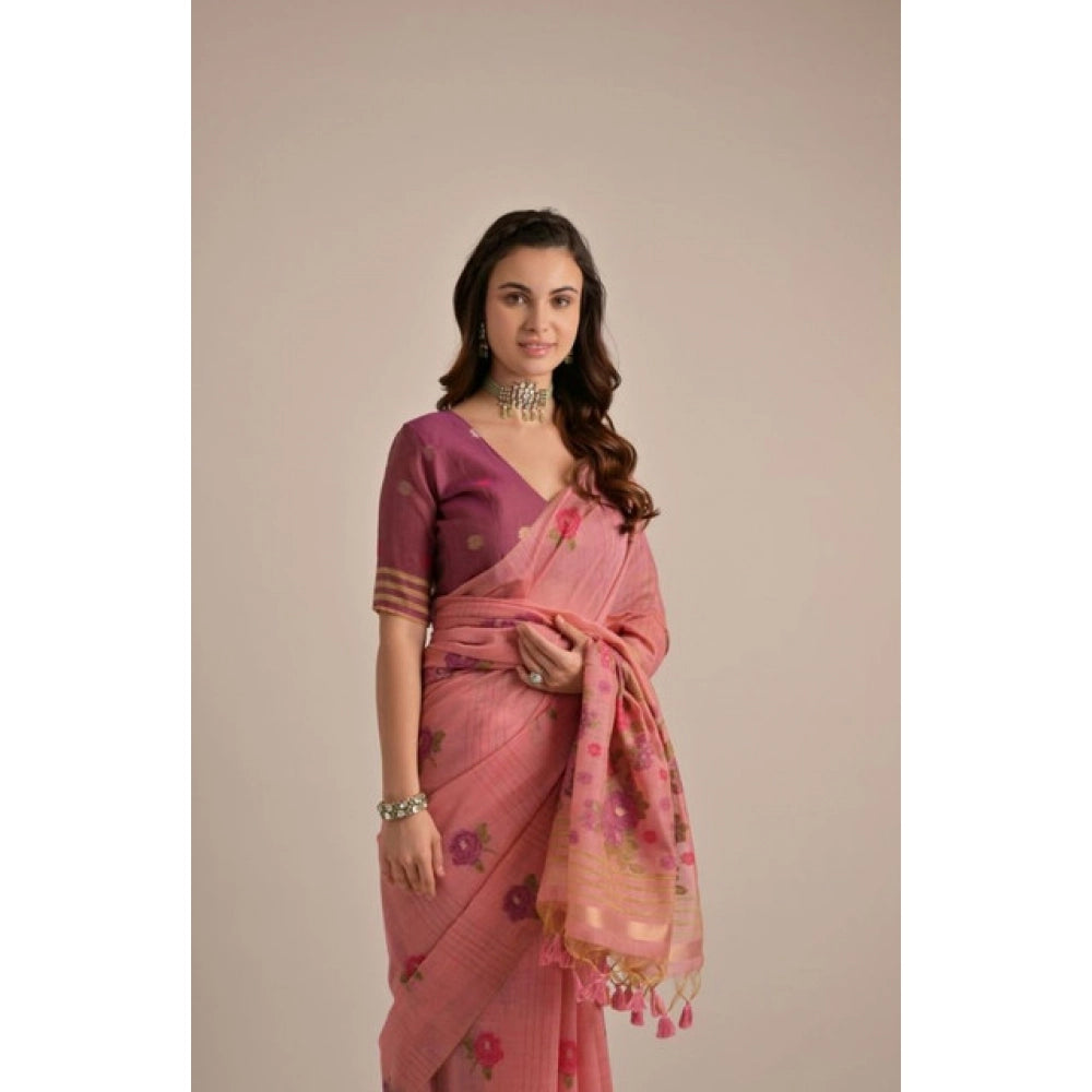 Blush Pink Floral Cotton Saree