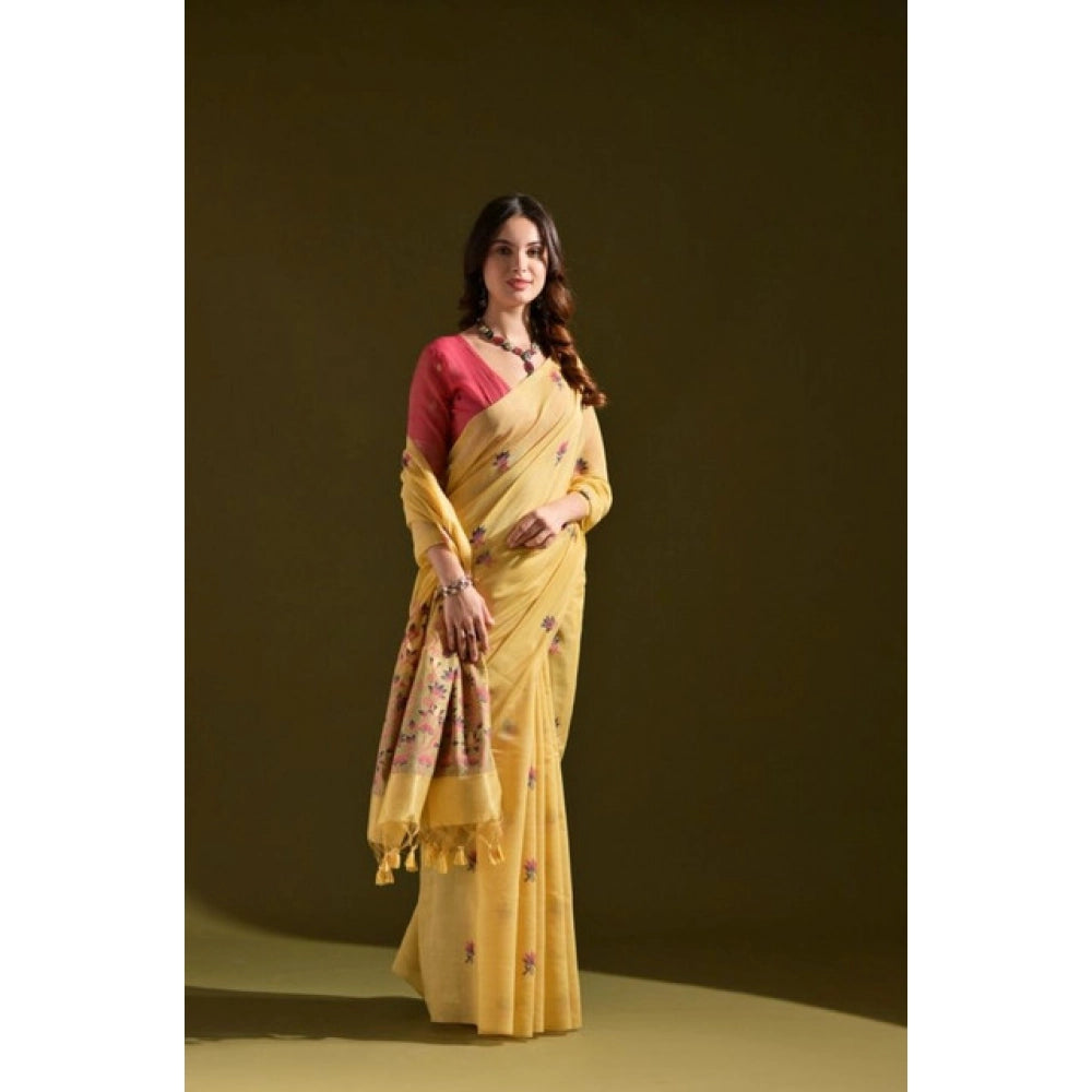 Mustard Yellow Cotton Floral Saree