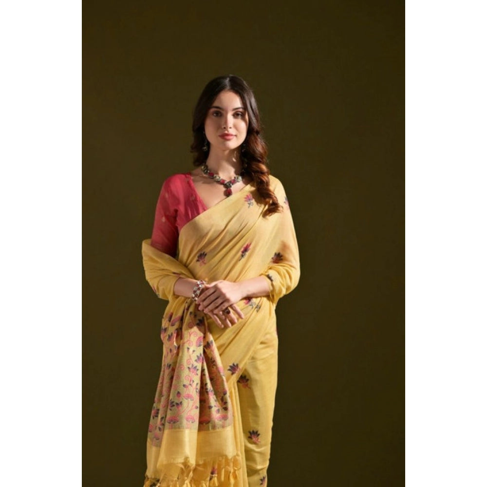 Mustard Yellow Cotton Floral Saree