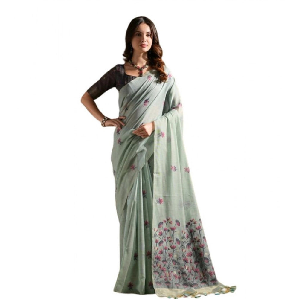 Aqua-Blue Floral Print Cotton Blended Saree