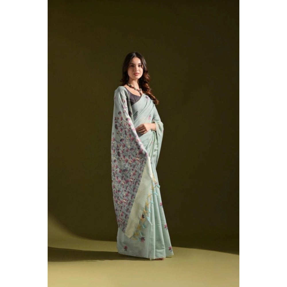 Aqua-Blue Floral Print Cotton Blended Saree