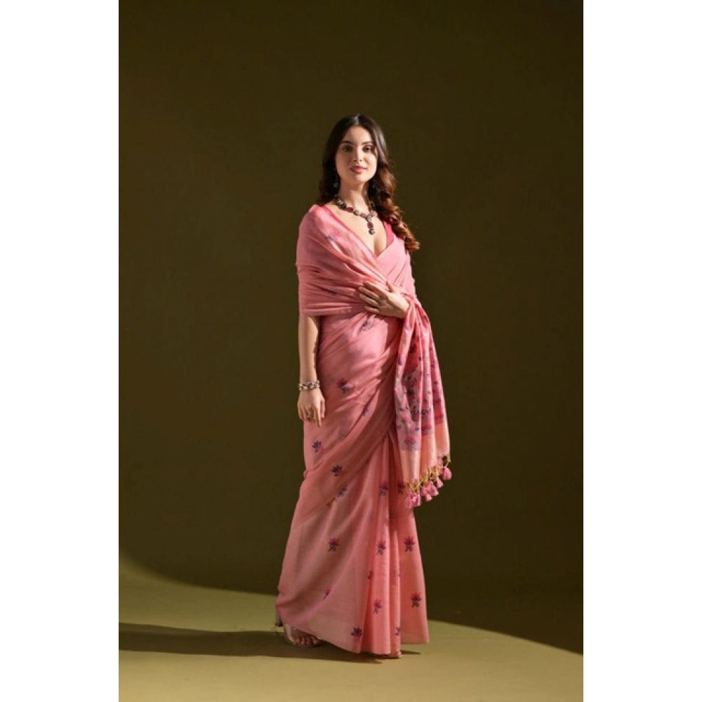 Pink Floral Print Cotton Blended Saree