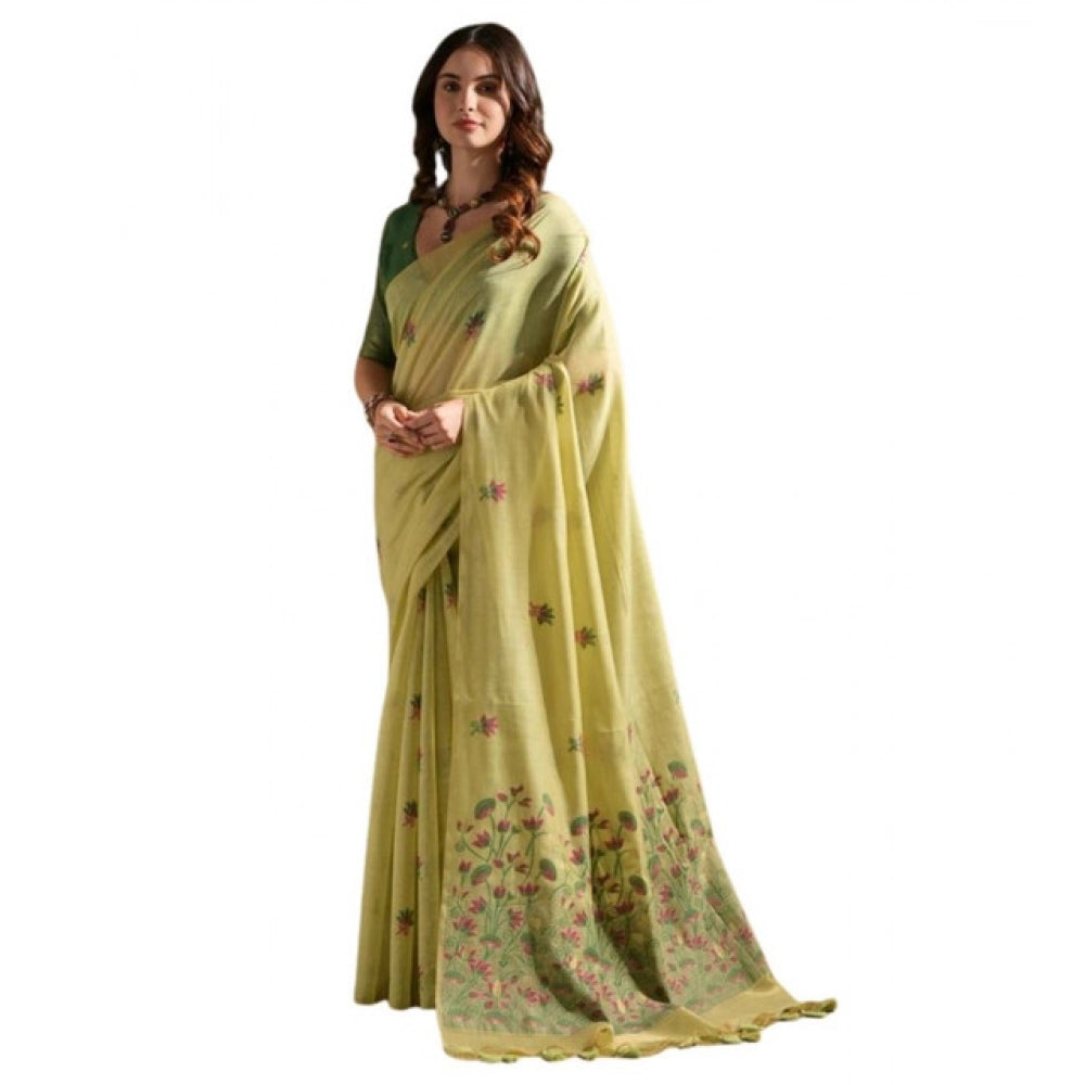 Light Green Floral Print Cotton Blended Saree