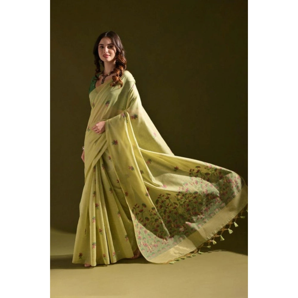 Light Green Floral Print Cotton Blended Saree