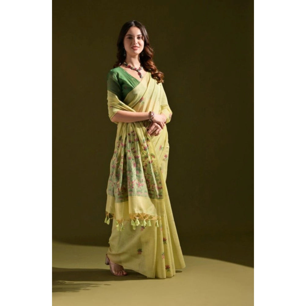 Light Green Floral Print Cotton Blended Saree
