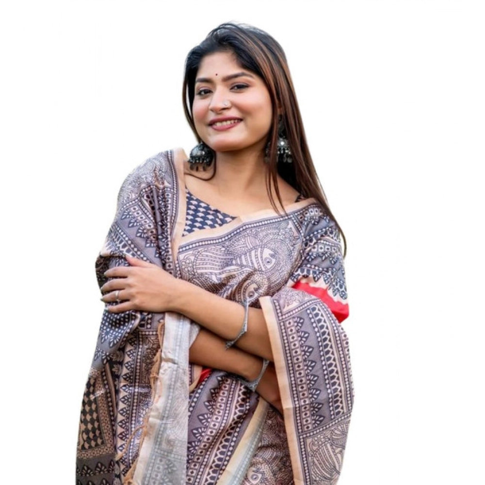 Orange Tussar Silk Geometric Print Saree