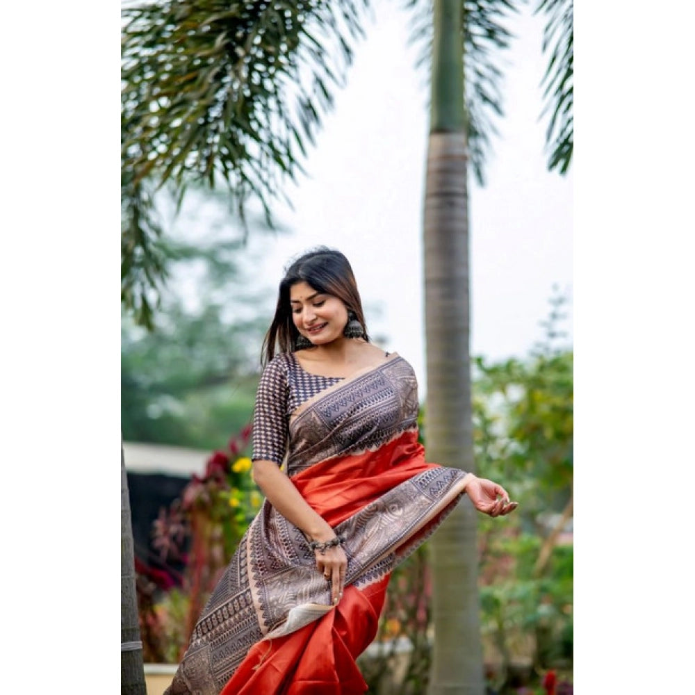 Orange Tussar Silk Geometric Print Saree