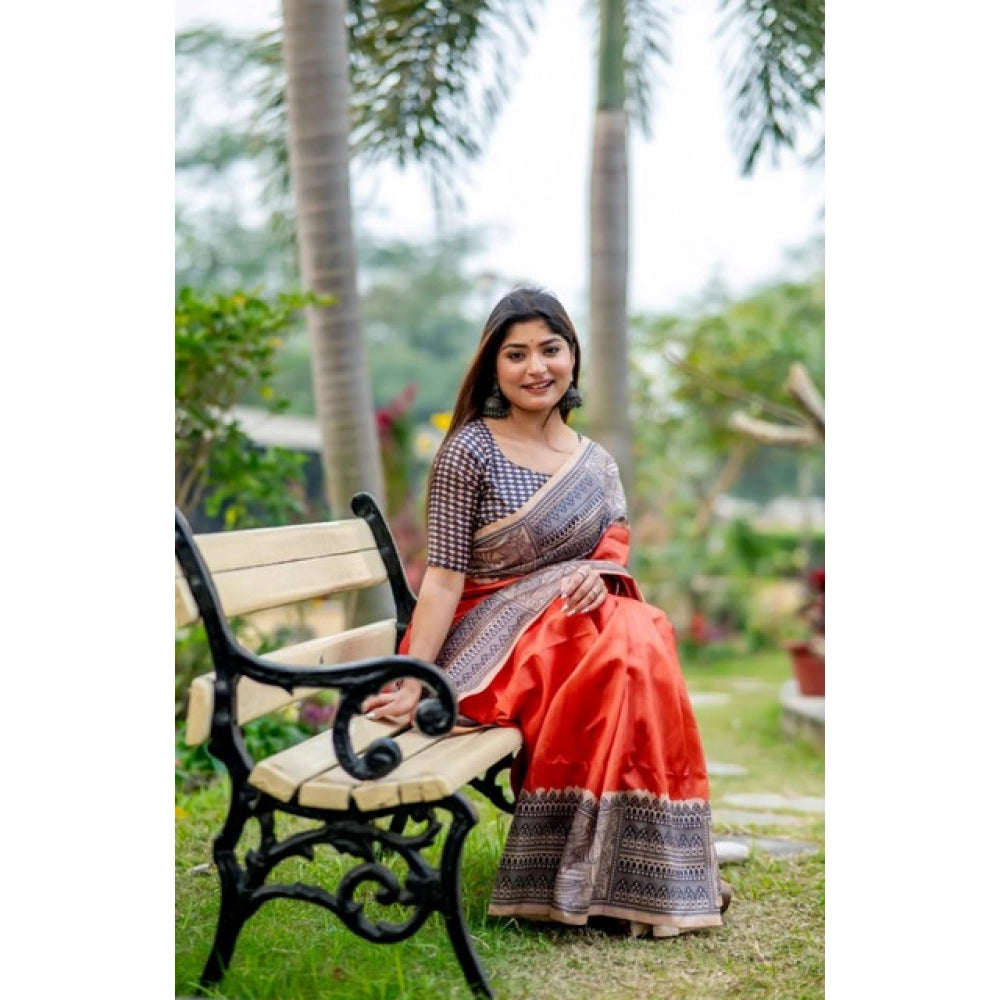 Orange Tussar Silk Geometric Print Saree