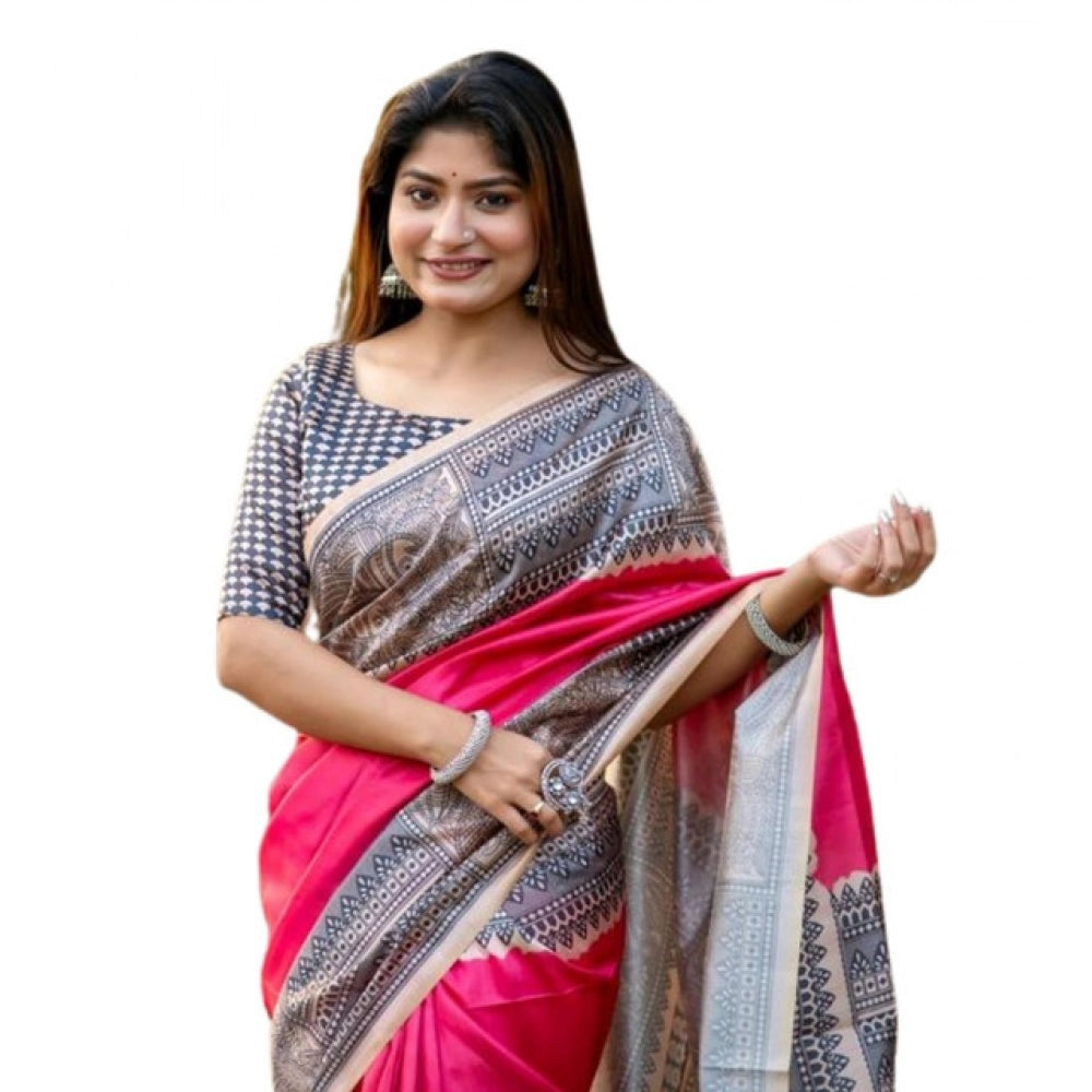 Pink Tussar Silk Geometric Print Saree