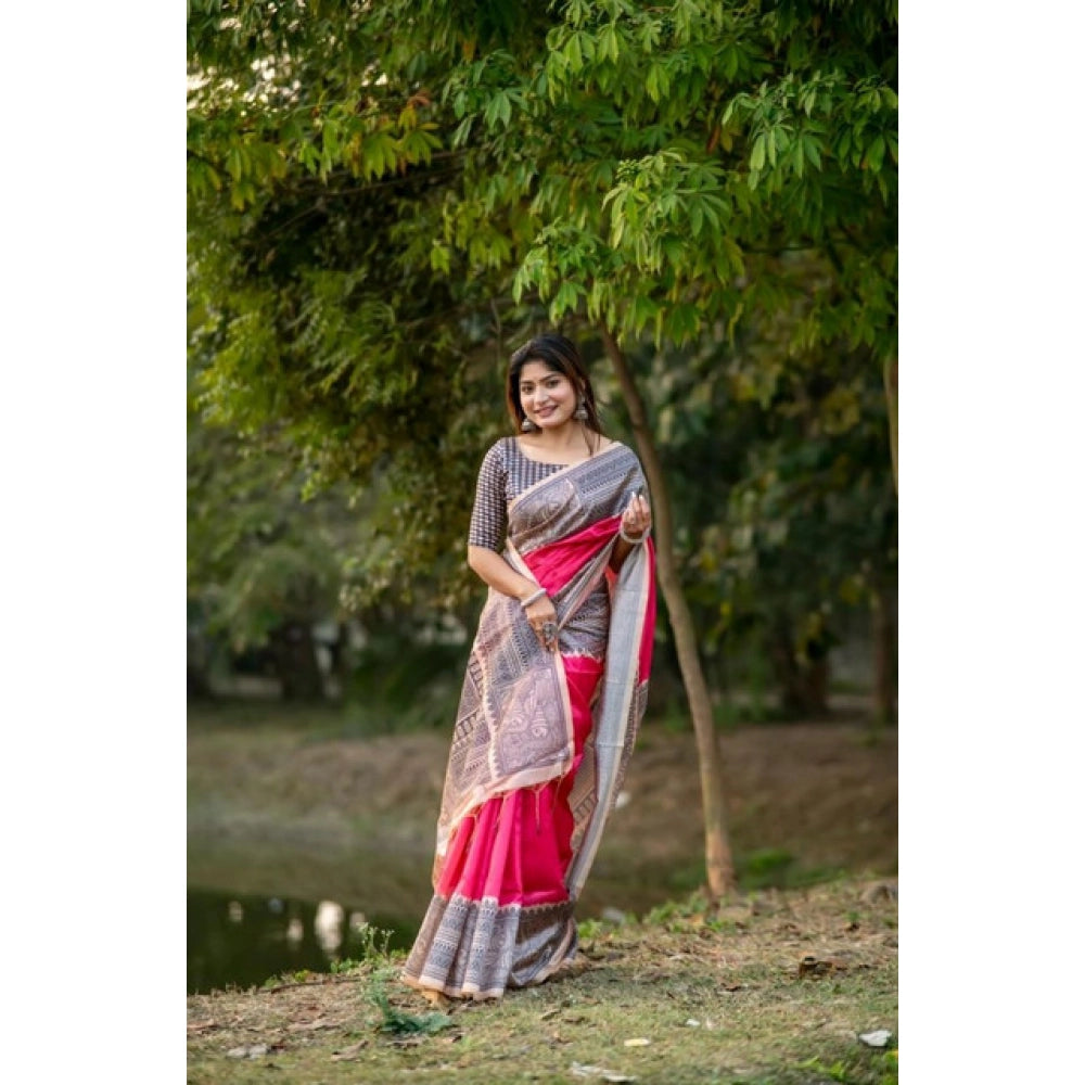 Pink Tussar Silk Geometric Print Saree