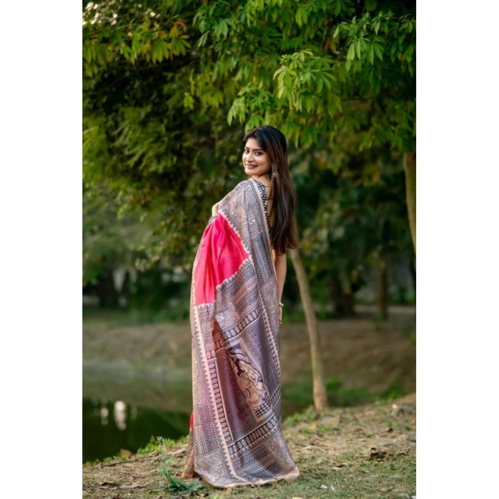 Pink Tussar Silk Geometric Print Saree
