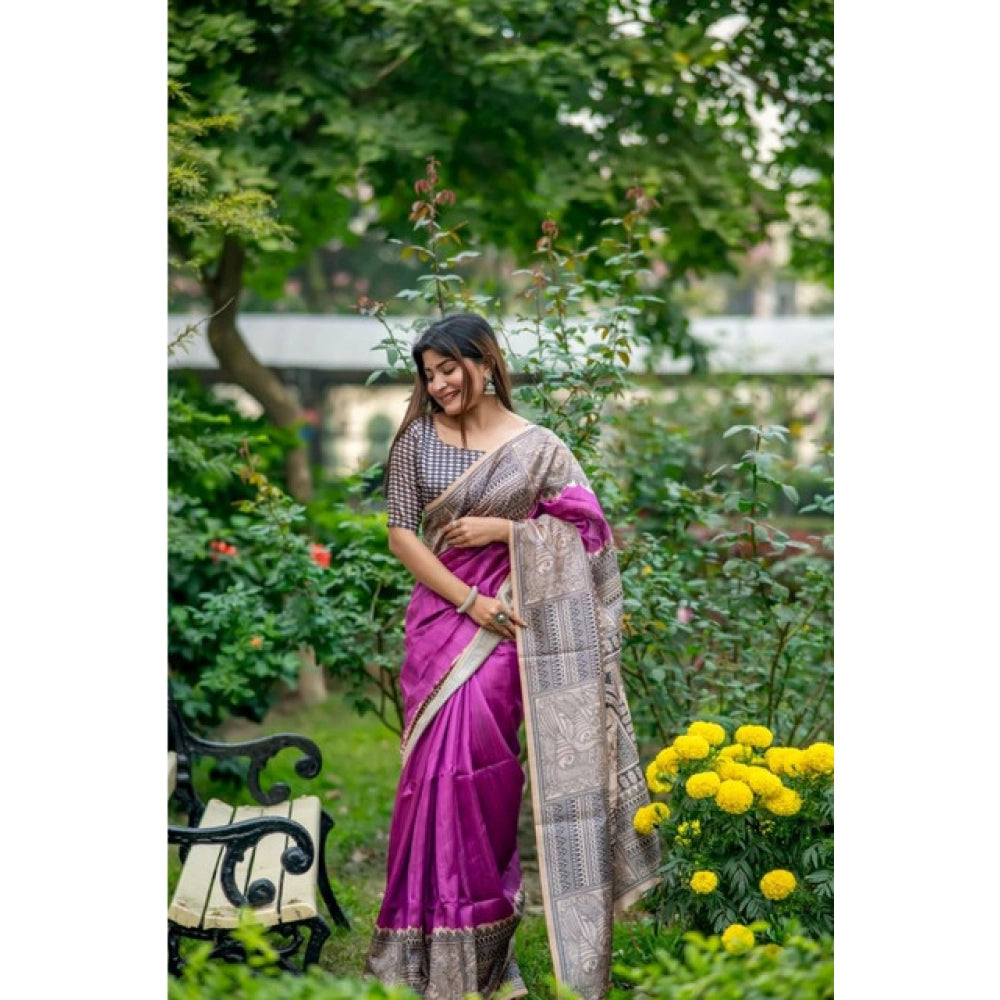 Purple Tussar Silk Geometric Print Saree