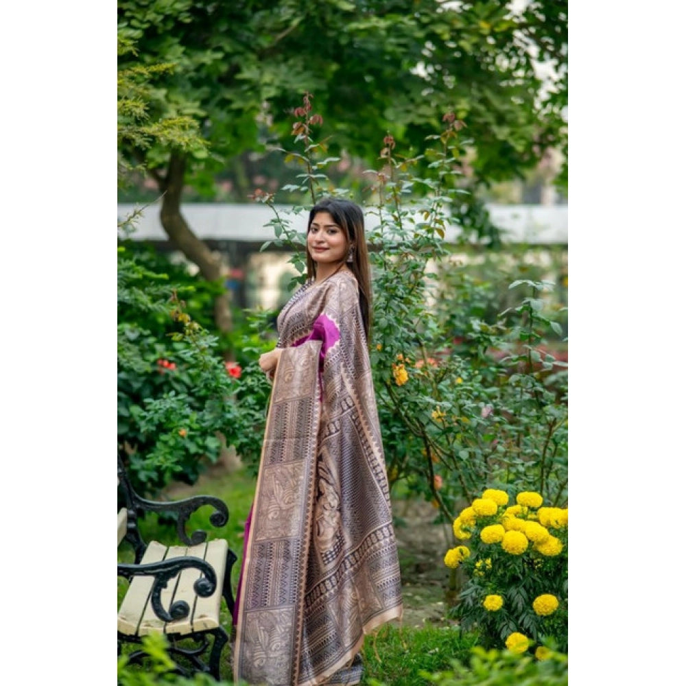 Purple Tussar Silk Geometric Print Saree