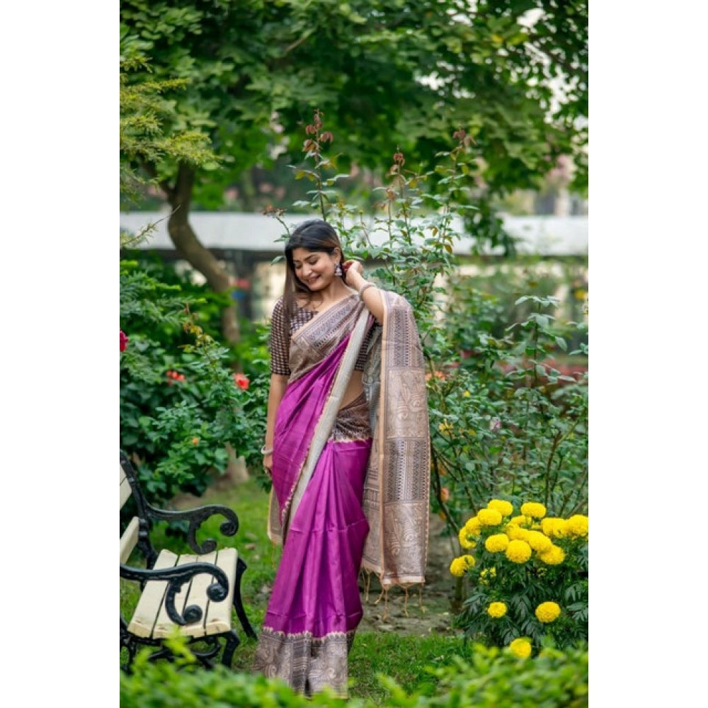 Purple Tussar Silk Geometric Print Saree