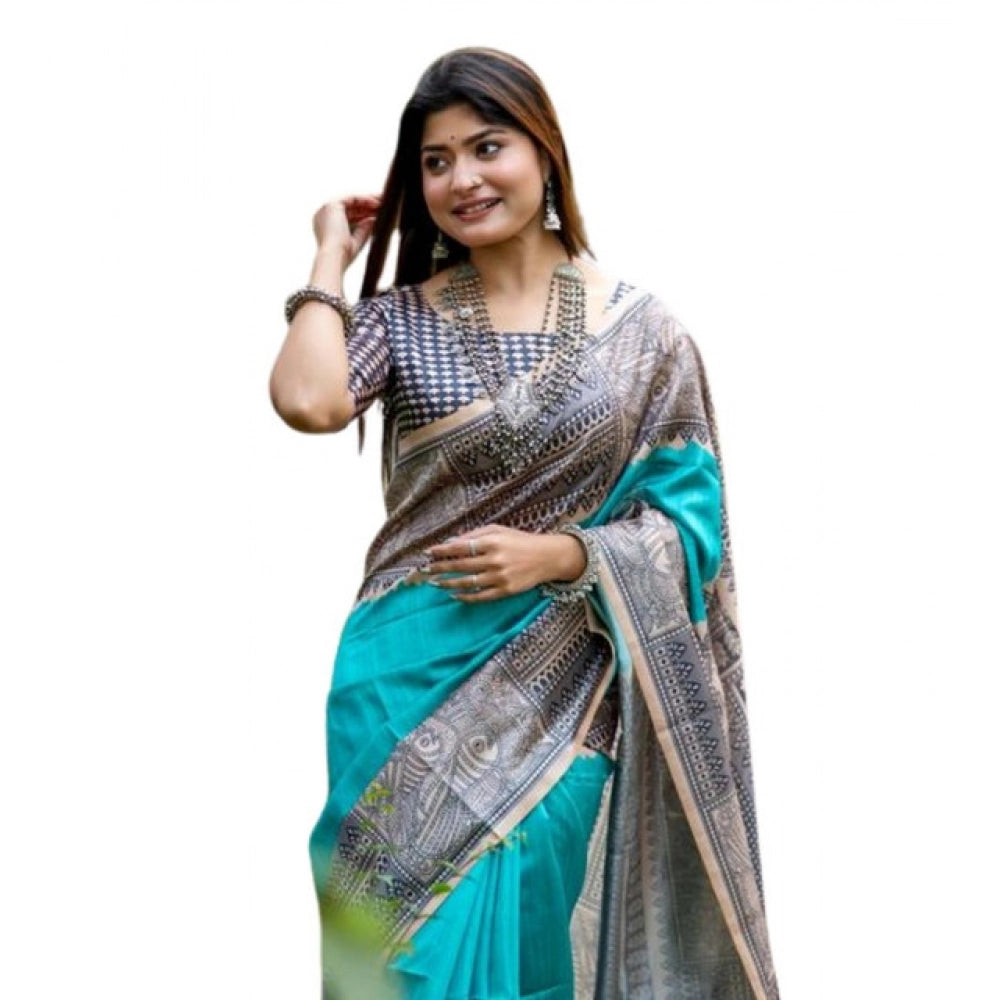 Green Tussar Silk Geometric Print Saree