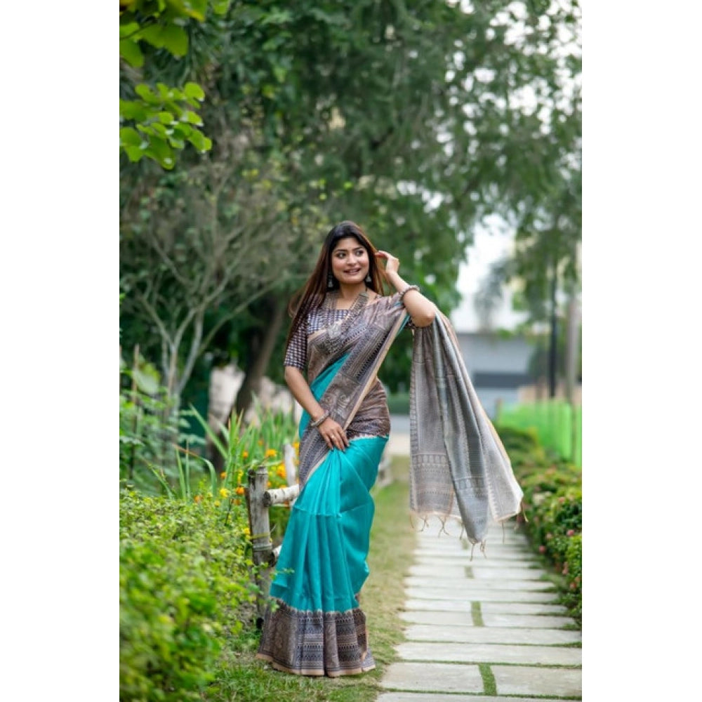 Teal Tussar Silk Geometric Print Saree