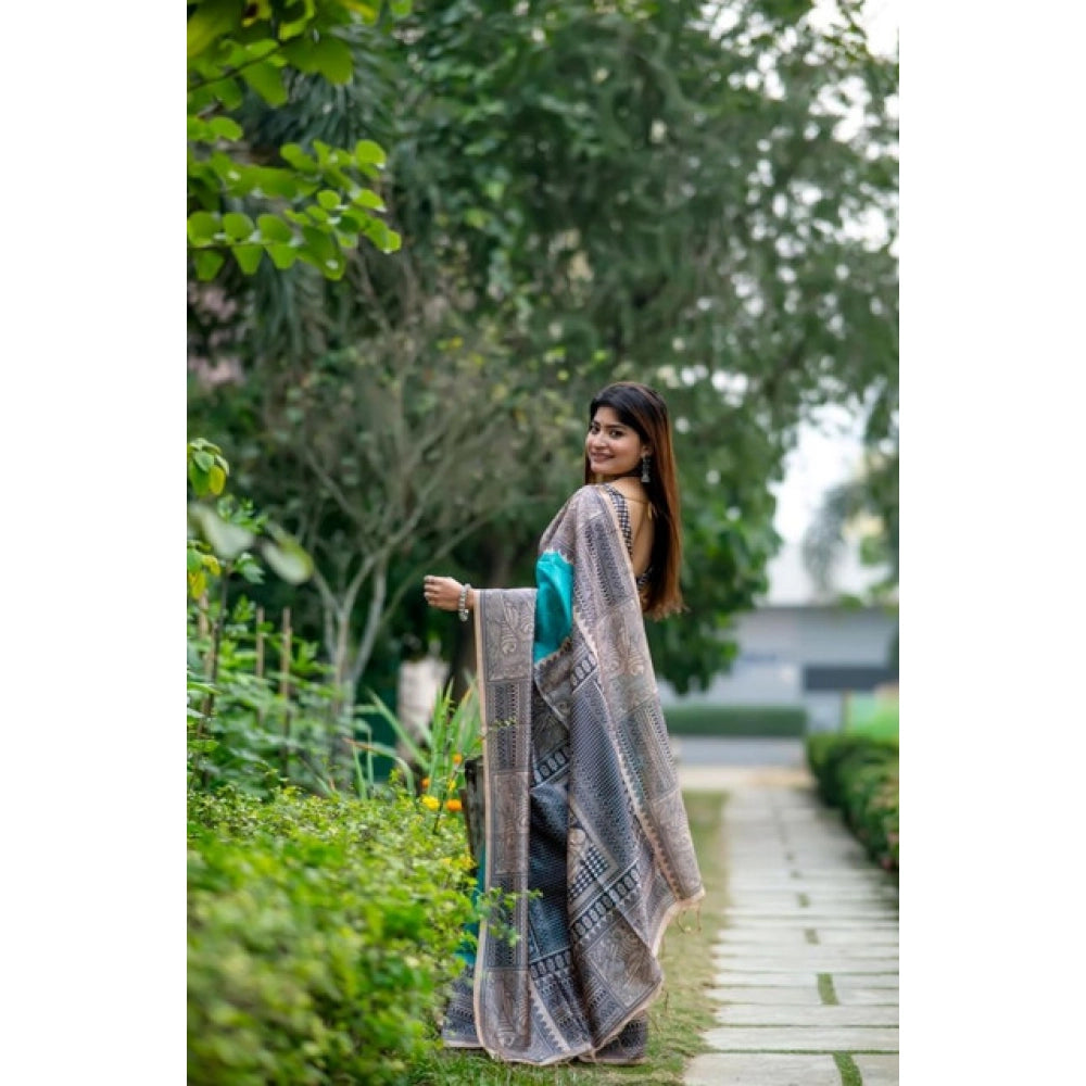 Green Tussar Silk Geometric Print Saree