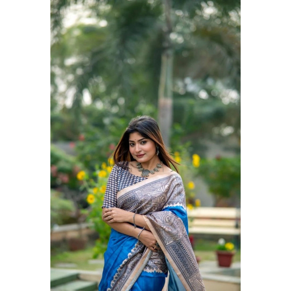 Blue Tussar Silk Geometric Print Saree
