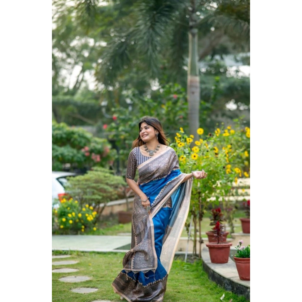Blue Tussar Silk Geometric Print Saree