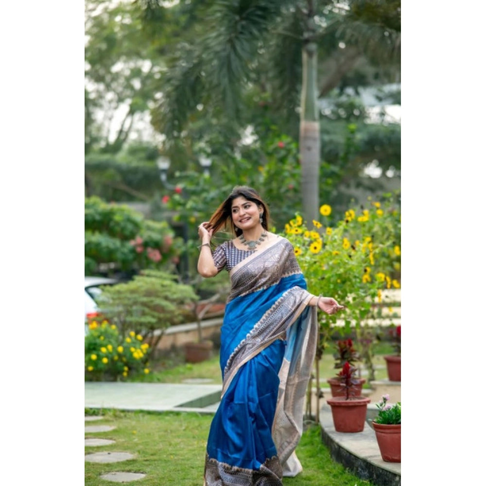 Blue Tussar Silk Geometric Print Saree