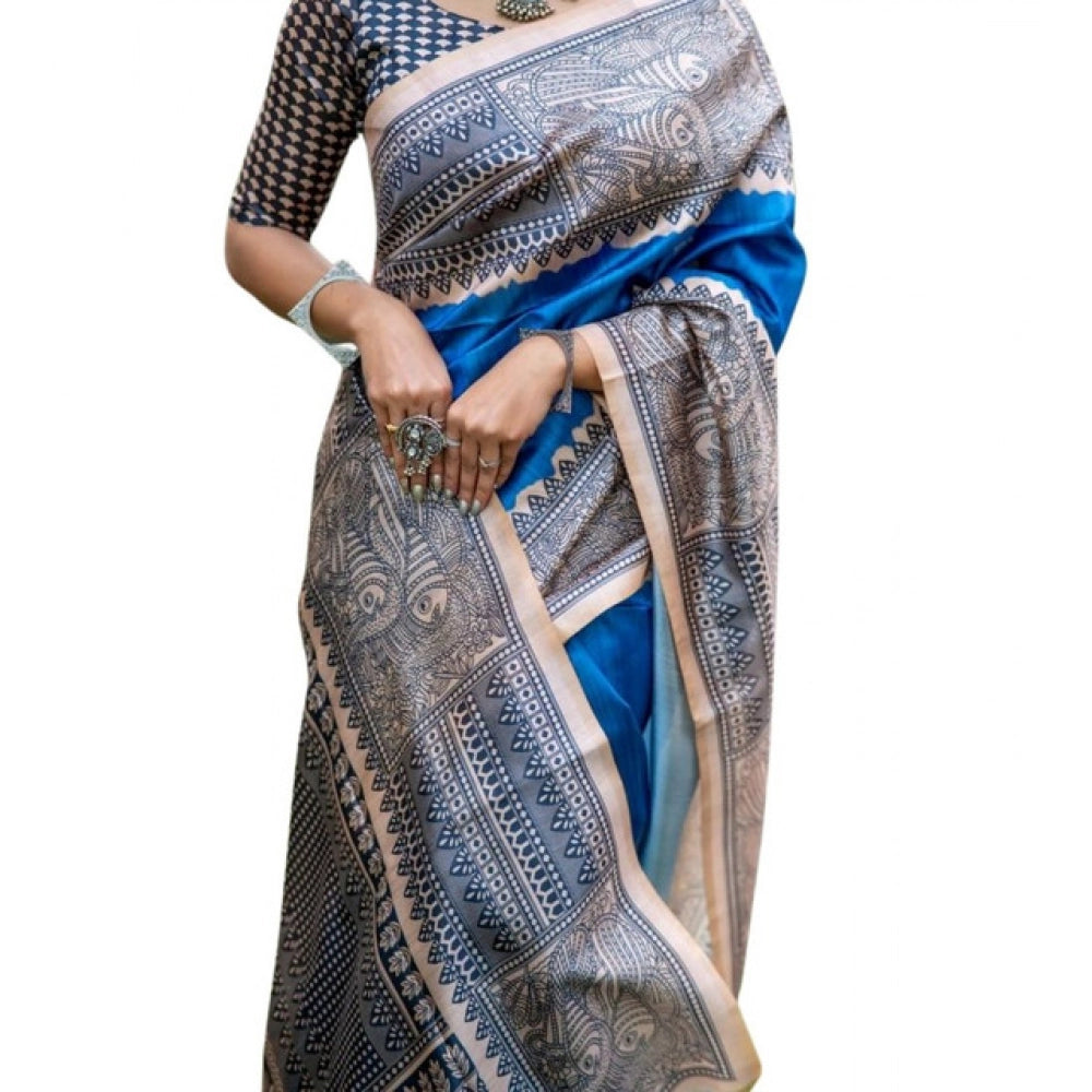 Blue Tussar Silk Geometric Print Saree