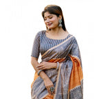Rust Orange Tussar Silk Geometric Print Saree