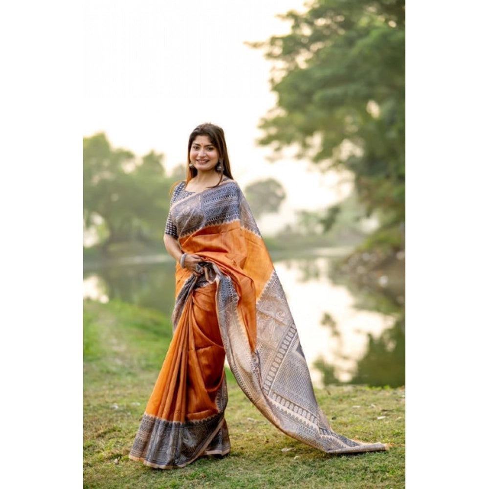 Rust Orange Tussar Silk Geometric Print Saree