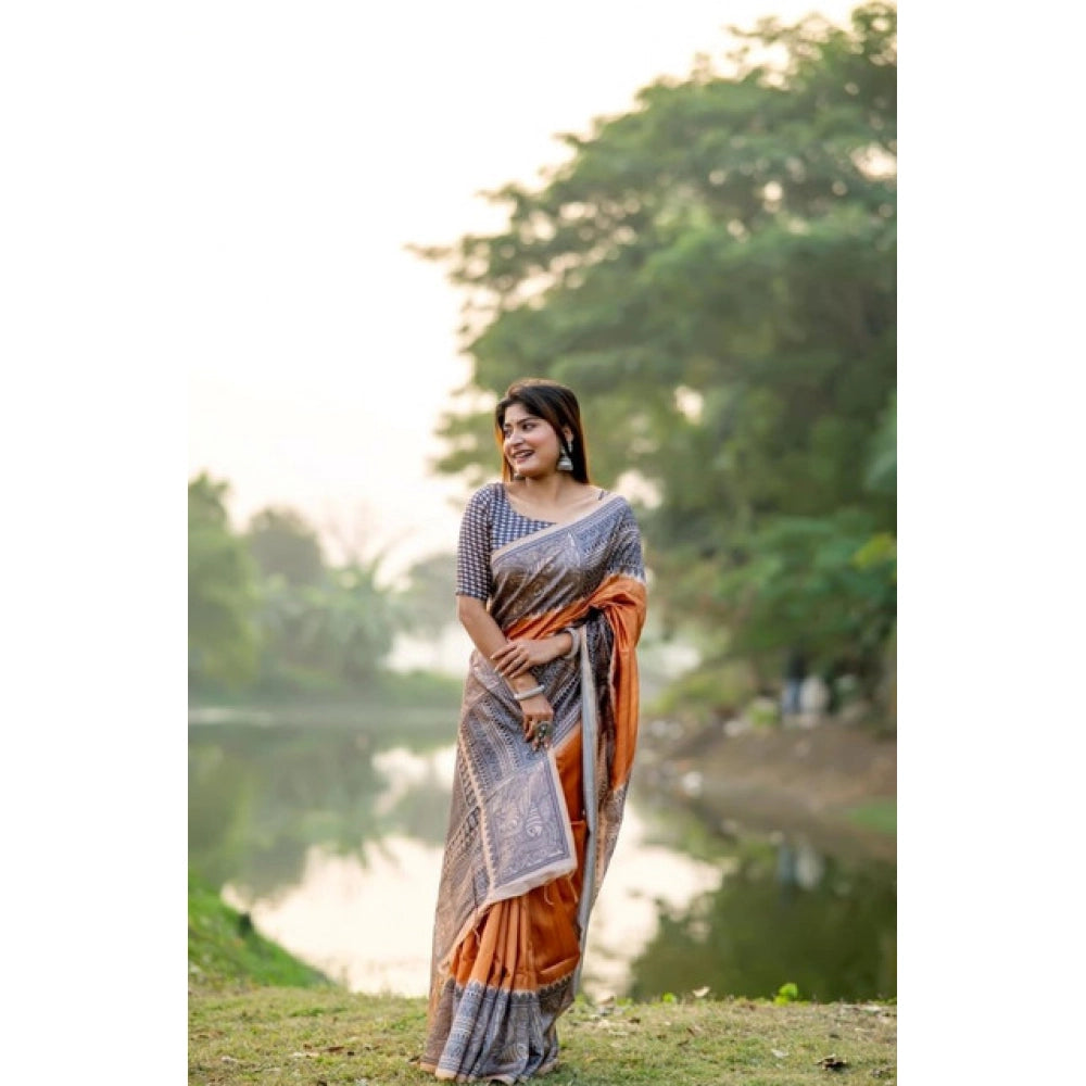 Rust Orange Tussar Silk Geometric Print Saree