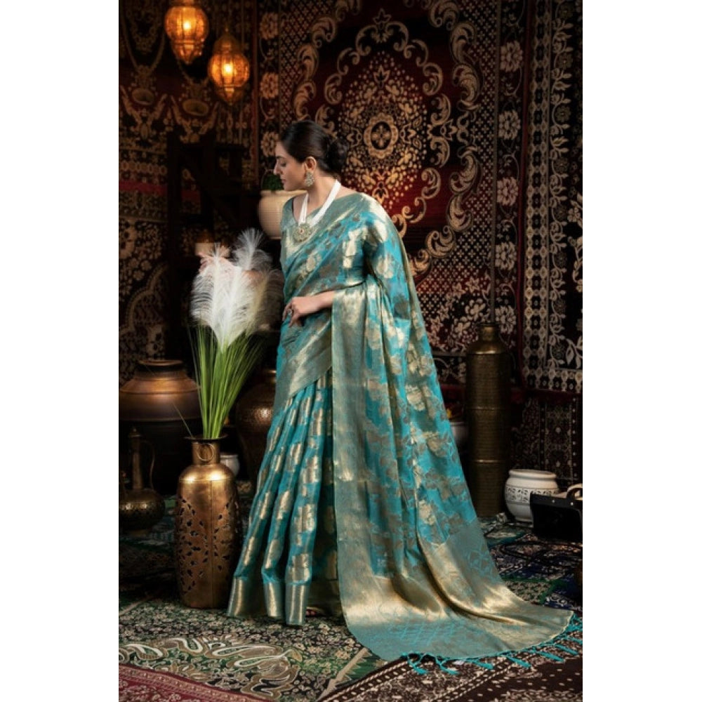 Blue Organza Woven Saree with Blouse