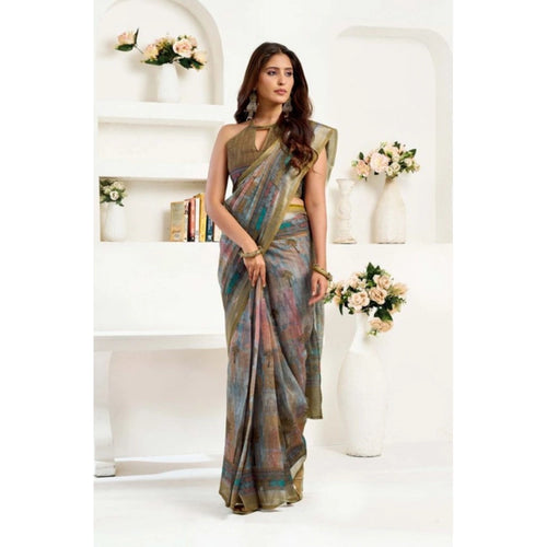 Dusty Green Printed Linen Saree
