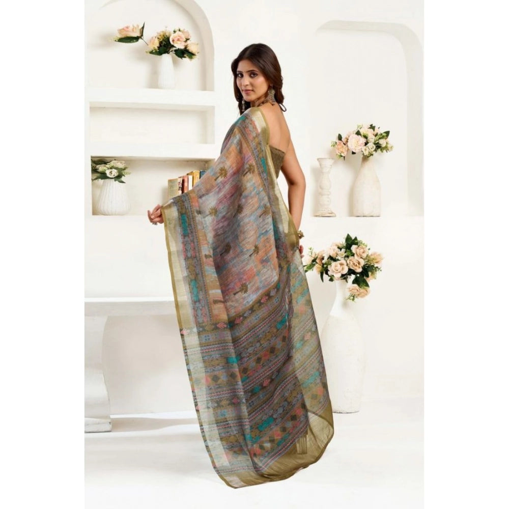 Dusty Green Printed Linen Saree