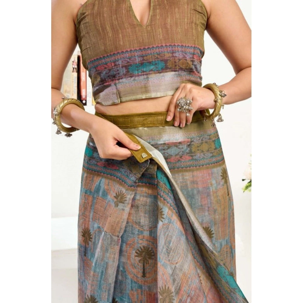 Dusty Green Printed Linen Saree