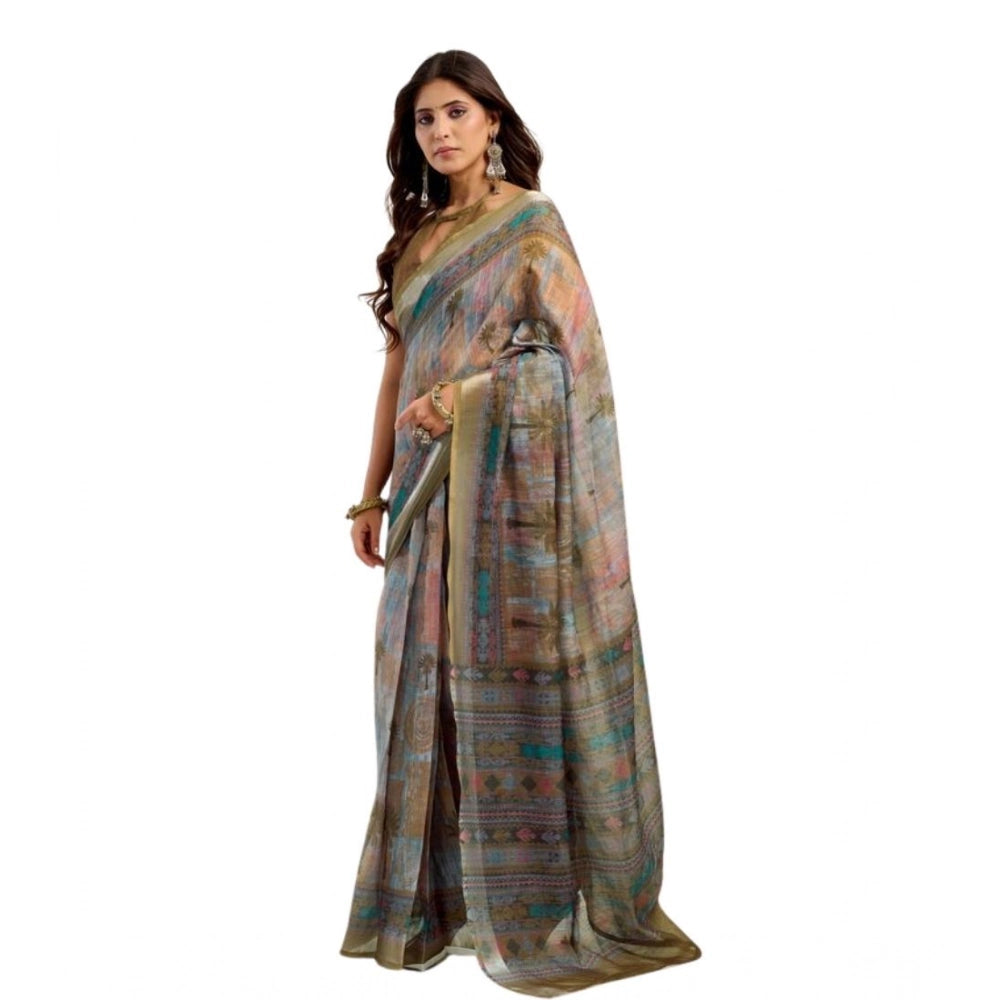 Dusty Green Printed Linen Saree