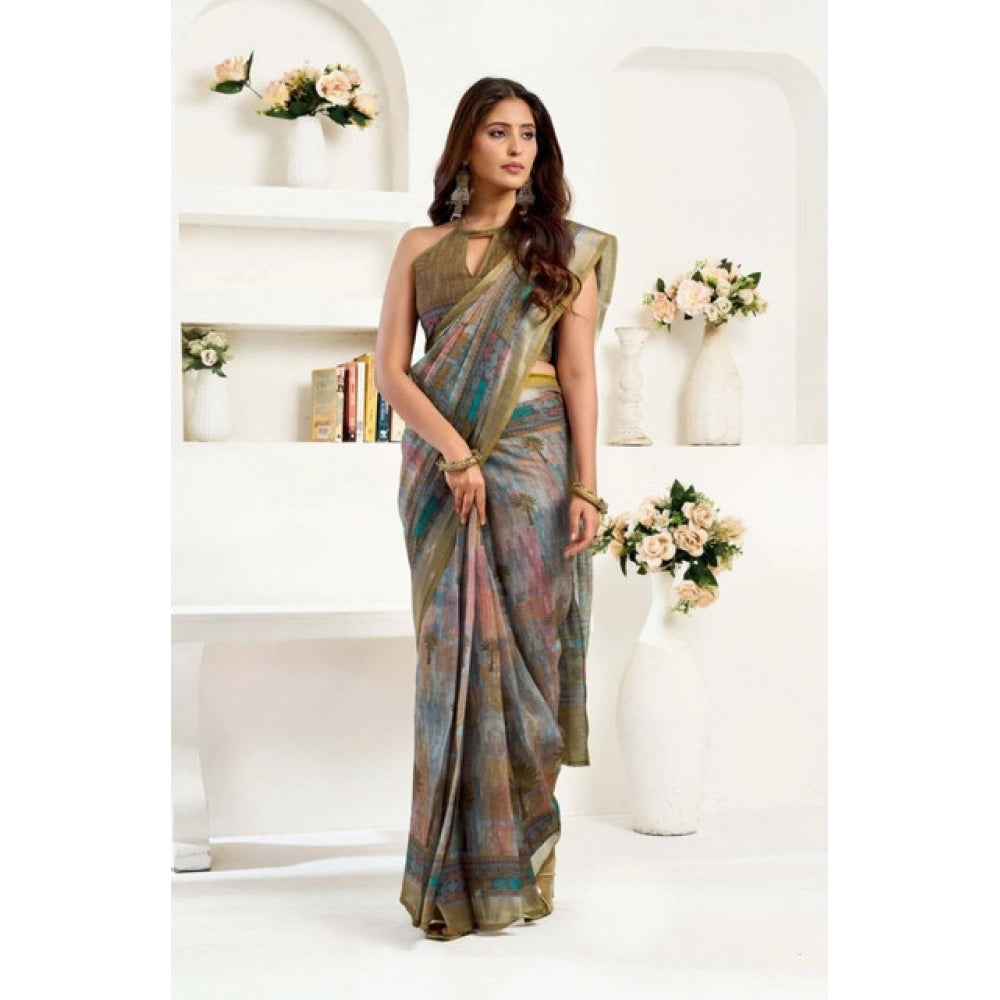 Dusty Green Printed Linen Saree