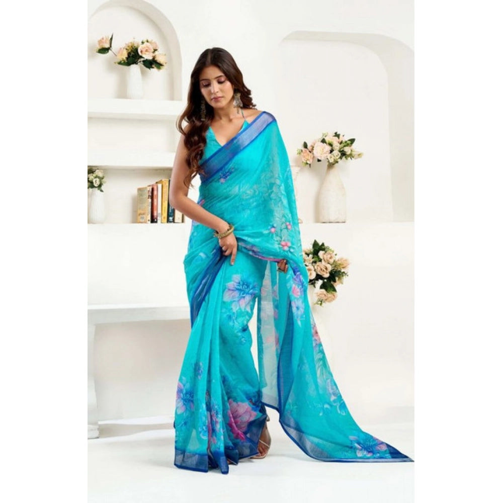 Blue Printed Line Saree