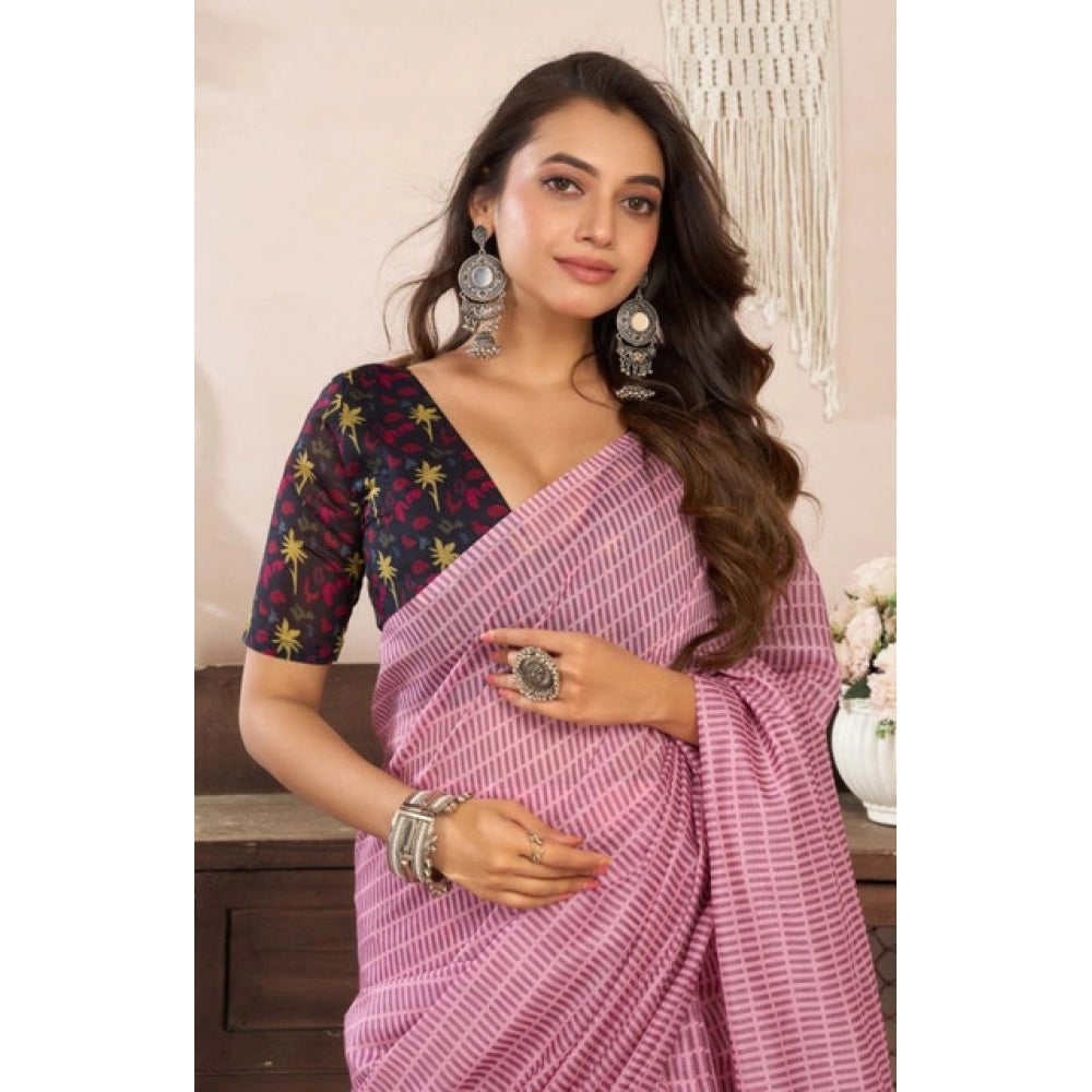 Light Pink Floral Print Linen Saree