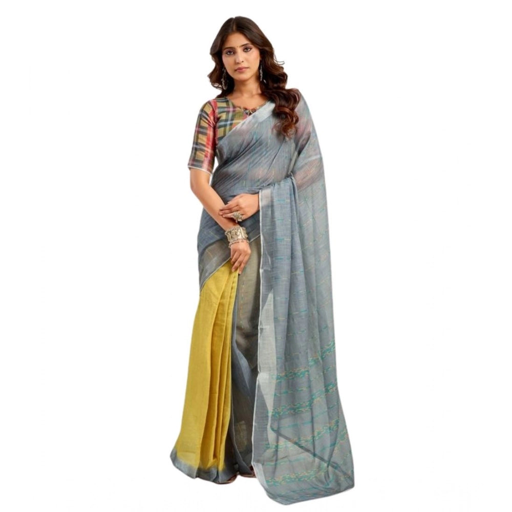 Gray-Yellow Floral Print Linen Saree
