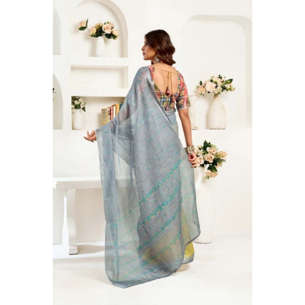 Gray-Yellow Floral Print Linen Saree