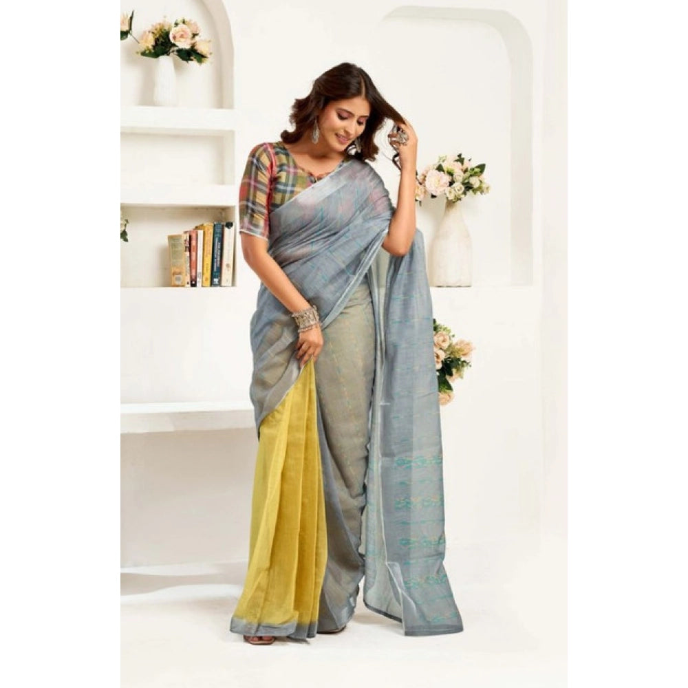 Gray-Yellow Floral Print Linen Saree