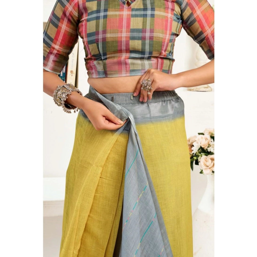 Gray-Yellow Floral Print Linen Saree