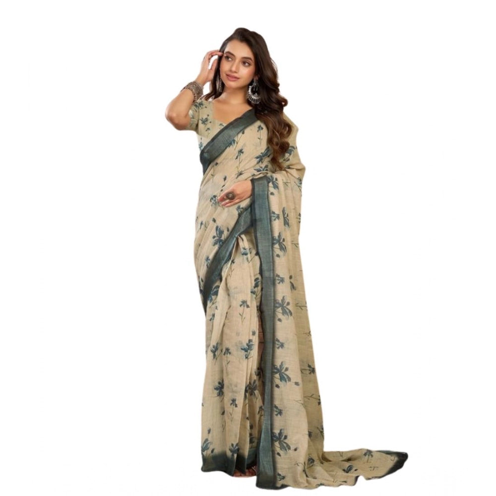 Beige Floral Print Linen Saree