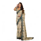 Beige Floral Print Linen Saree