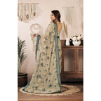 Beige Floral Print Linen Saree
