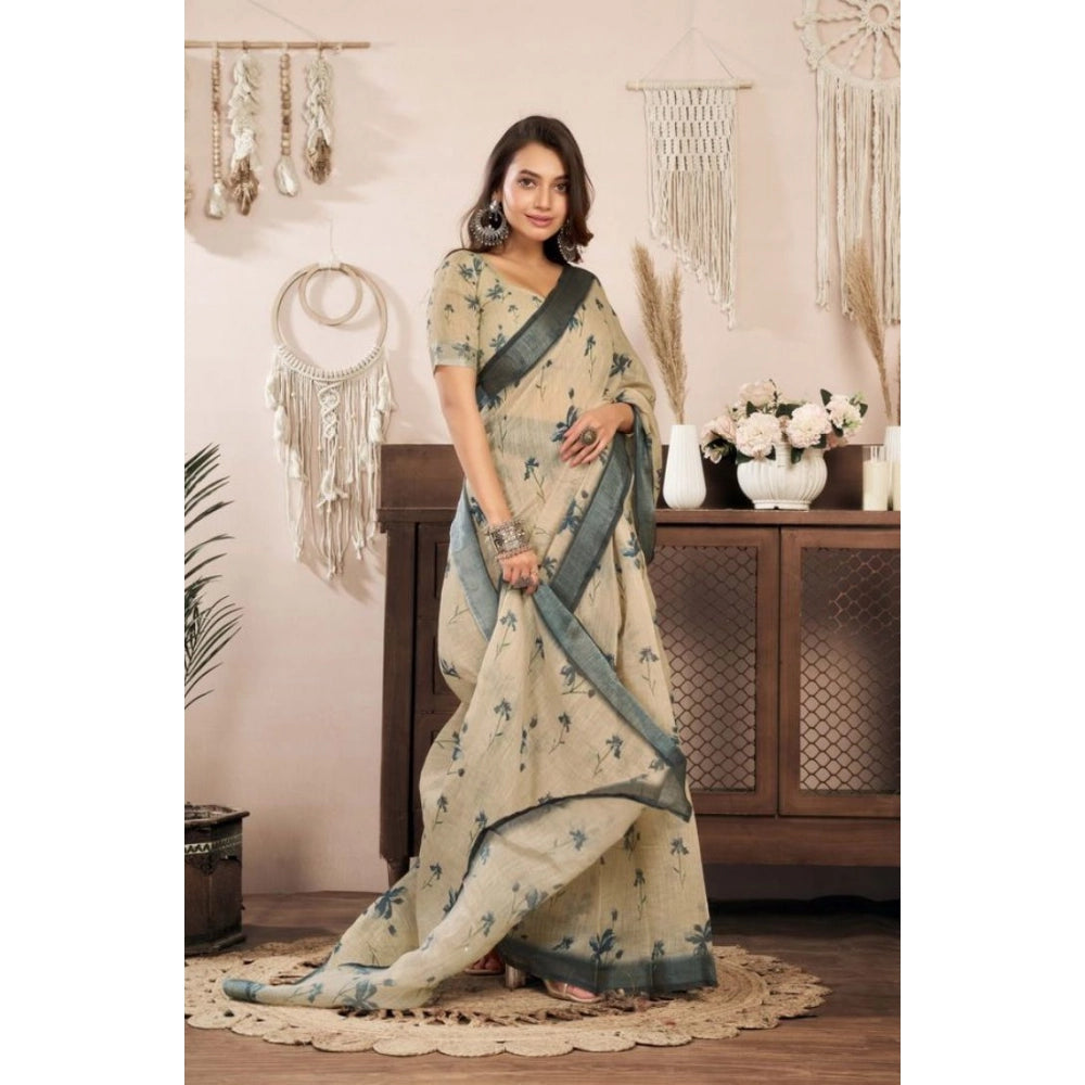 Beige Floral Print Linen Saree