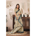 Beige Floral Print Linen Saree