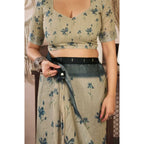 Beige Floral Print Linen Saree